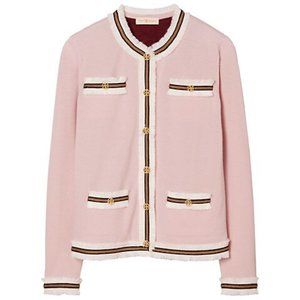 NEW TORY BURCH Kendra Fringe Button Wool Cardigan PINK Classic Chanel Style